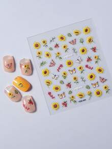 1pc 5d Embossed Waterproof Nail Art Stickers With Sunflower & Butterfly Patterns, Yellow Series - Multicolor - View 4