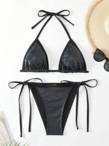 Fashionable Sexy Triangle Halter Bikini Set For Women, Summer Beach - Black - View 1