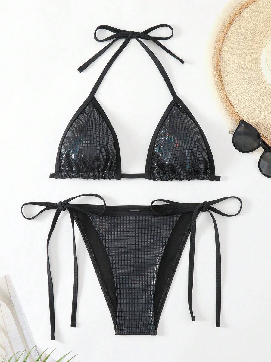 Fashionable Sexy Triangle Halter Bikini Set For Women, Summer Beach - Black - View 1