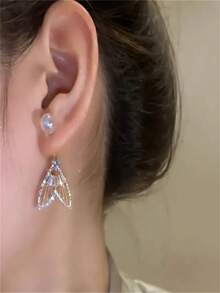 1pair Double Wearing Mermaid Princess Inspired Pearl Fish Tail Dangle Earrings Unique Design Style - Yellow Gold - View 4