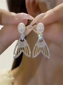 1pair Double Wearing Mermaid Princess Inspired Pearl Fish Tail Dangle Earrings Unique Design Style - Yellow Gold - View 8