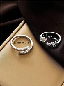 2 枚男士情侶戒指,時尚經典鑲嵌樹葉裝飾,開口戒指套裝,適合女士和男士,節日、婚禮和求婚,日常佩戴,帶禮盒