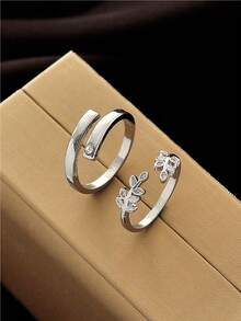 2 枚男士情侶戒指,時尚經典鑲嵌樹葉裝飾,開口戒指套裝,適合女士和男士,節日、婚禮和求婚,日常佩戴,帶禮盒