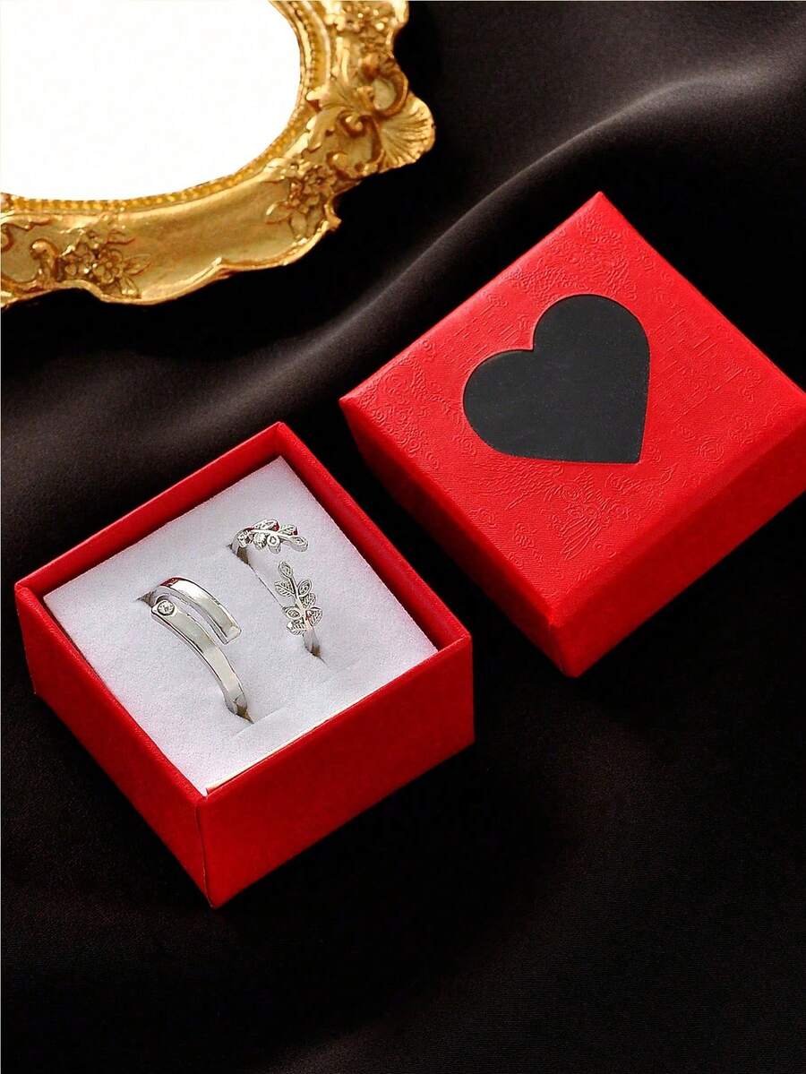 2 枚男士情侶戒指,時尚經典鑲嵌樹葉裝飾,開口戒指套裝,適合女士和男士,節日、婚禮和求婚,日常佩戴,帶禮盒
