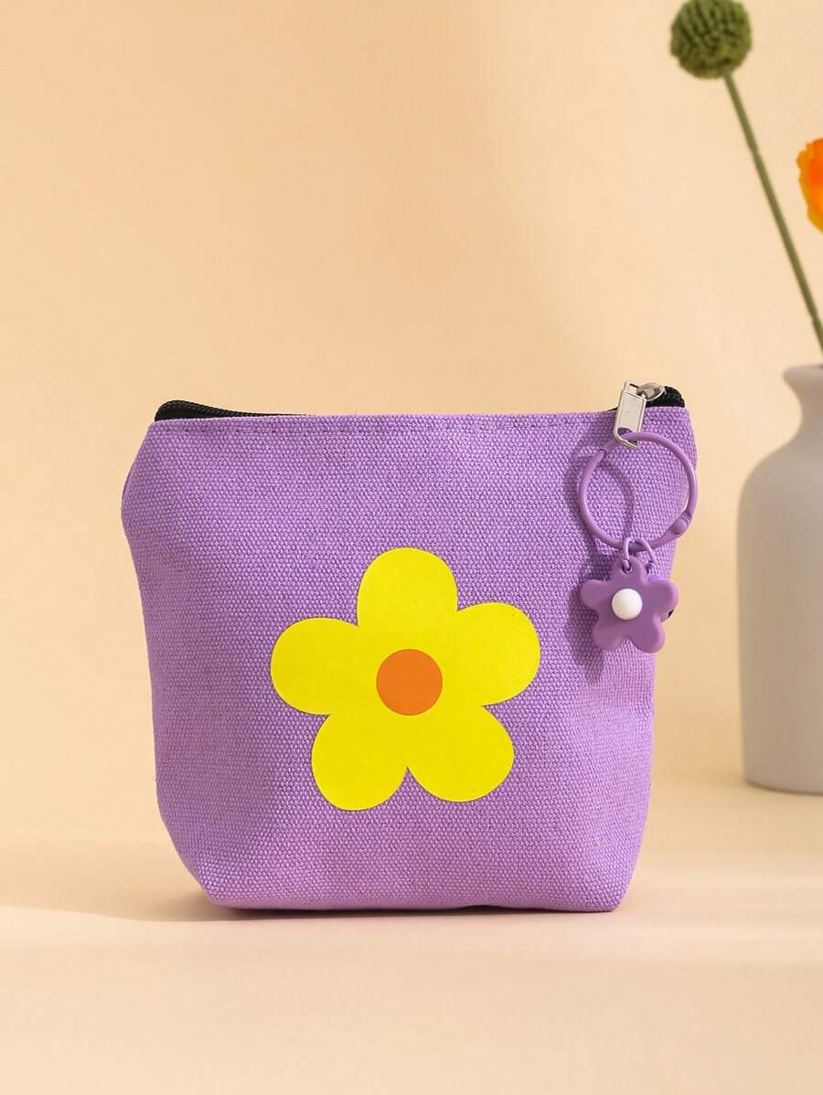 1入葵花印花可愛女孩儲物袋零錢包女性手提袋與花鈴配件,適用於生日禮物、禮品