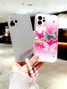 1pc Transparent Phone Case Featuring Rhinestone & 3d Butterfly & Glitter Decoration With Hanging Bead, Compatible With Apple And Samsung Phones - Multicolor - View 3