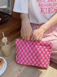 1pc Pink Large Capacity Cosmetic Bag & Coin Purse & Knit Checkerboard Pattern Women'S Handheld Clutch For Daily Use Women Gifts Girl Gifts Girlfriend Gifts - Pink - View 3