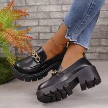 秋季女性增高厚底鞋,黑色乾邑皮質休閒或精緻外觀露腳鞋 - 黑色 - 查看 3