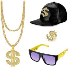 4 cái/bộ Hip Hop Trang phục Bộ dụng cụ Vàng Mũ Kính râm Vàng Ký hiệu đô la Vật rủ xuống Dây chuyền Nhẫn Phụ kiện , Đen - màu đen - Xem 1