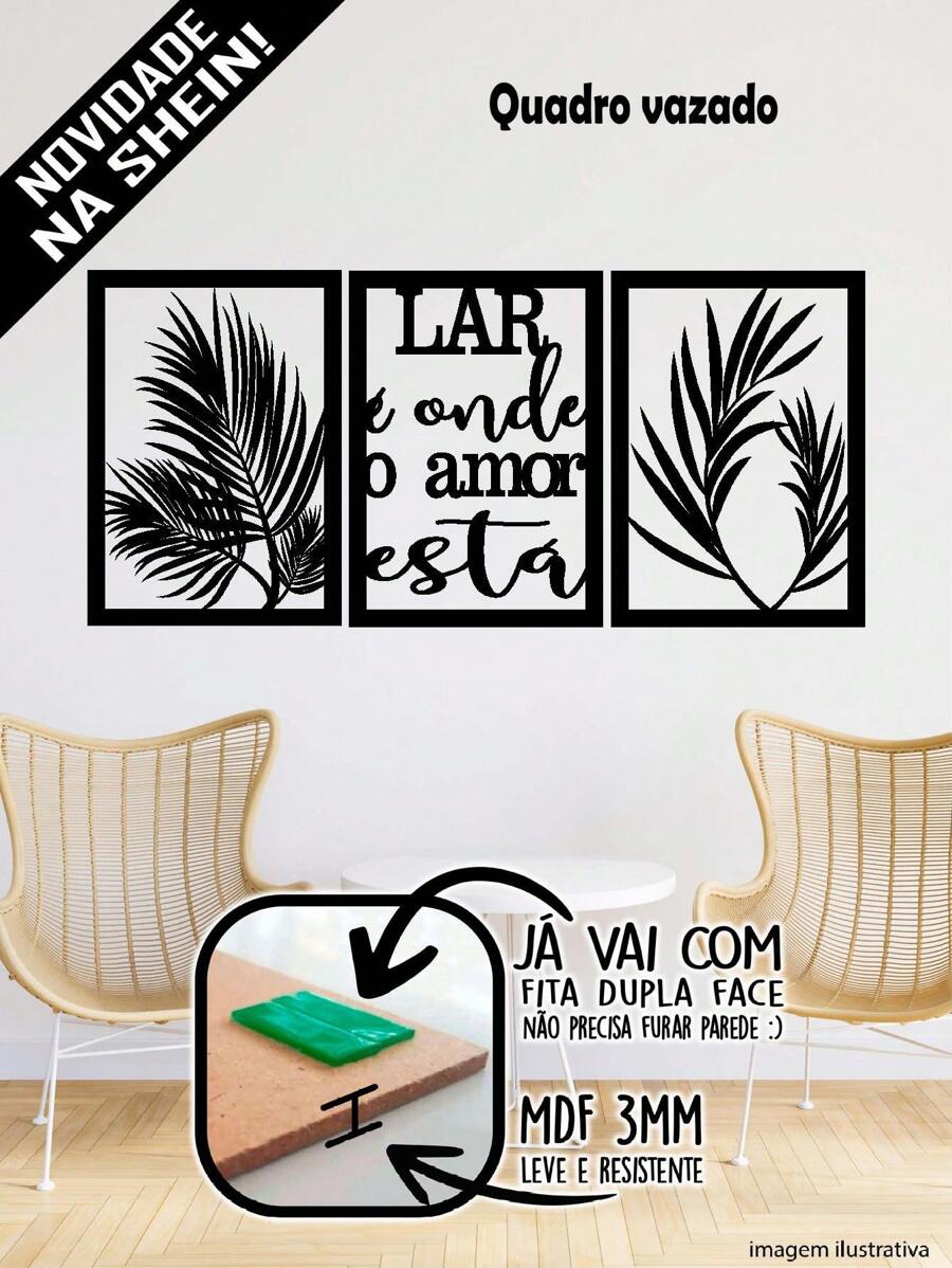 家居裝飾套裝:3件挖空家是愛裝飾畫,適用於花園、客廳、走廊等場所 - 黑色 - 查看 1