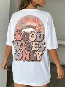 T-shirt Feminina Blusa Algodão Gola Redonda Manga Curta Basica Estampada Vintage Blogueira Lançamento Estampa nas Costas- Good Vibes Only - Branco - Visão 1