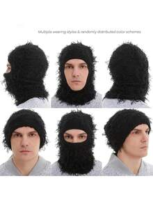 1 件裝男士黑色保暖防風時尚破洞拉瓦滑雪面罩毛絨流蘇無簷小便帽針織帽,冬季戶外活動和日常穿著 - 黑色 - 查看 5