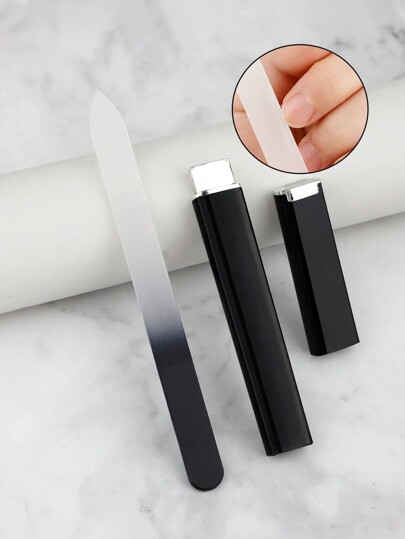 1pc Crystal Glass Nail File, Double Sided Ombre Design Buffer With Abs Case For Manicure Pedicure