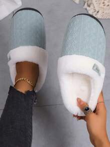 女用一腳蹬拖鞋,帶牛角扣裝飾,防滑耐磨,軟底,薄荷綠花卉圖案梭織面料,加厚保暖家居 - 薄荷綠 - 查看 4