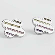 1 Par De Pendientes De Botón De Trébol Incrustados Con Flores De Alta Calidad Y Diamantes De Imitación, Un Lujo Versátil De Diseño Original - Plateado - Ver 4