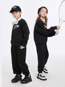 Annil 男孩和女孩冬季休闲运动圆领长袖长裤运动衫两件套黑色