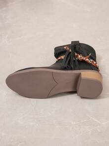 女用尖頭粗跟 5 公分高編織繩西式牛仔靴防滑2024 冬季新款狂野性感過膝靴 - 黑色 - 查看 6