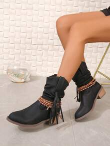 女用尖頭粗跟 5 公分高編織繩西式牛仔靴防滑2024 冬季新款狂野性感過膝靴 - 黑色 - 查看 3