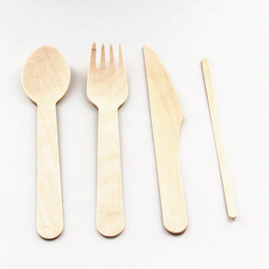 50 件木製一次性餐具套裝(湯匙、刀子、叉子、咖啡攪拌器)適合派對、甜點、可水洗 - 棕色 - 查看 1