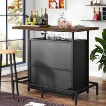 Tribesigns Home Bar Unit, Industrial 3-Tier Liquor Bar Table with Glasses Holder and Wine Storage, Wine Bar Cabinet Set Mini Bar with Footrest for Den Home Pub