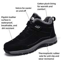 男女1雙冬季防水豬皮雪靴，配有掛鉤式魔術貼，防滑，耐用且保暖，適合冬季戶外運動和休閒場合 - 黑色 - 查看 3
