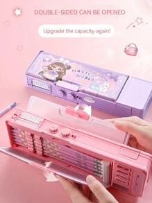 1pc Multi-functional Large Capacity Double-layer Waterproof Pencil Case, Dual-sided Pen Pouch Stationery Organizer - Purple - View 3