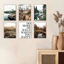 6 件/套自然风景壁画艺术海报、湖船码头鹿壁画、客厅现代卧室墙壁装饰、无框帆布印刷、植物西方家居装饰、房间旅行海报、墙壁装饰、房间装饰美学、房间装饰用品