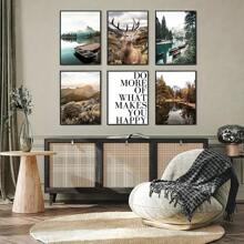 6 件/套自然风景壁画艺术海报、湖船码头鹿壁画、客厅现代卧室墙壁装饰、无框帆布印刷、植物西方家居装饰、房间旅行海报、墙壁装饰、房间装饰美学、房间装饰用品