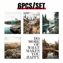 6 件/套自然风景壁画艺术海报、湖船码头鹿壁画、客厅现代卧室墙壁装饰、无框帆布印刷、植物西方家居装饰、房间旅行海报、墙壁装饰、房间装饰美学、房间装饰用品