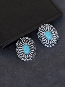 1對復古雕刻幾何形狀耳釘 - 復古銀色 - 查看 2