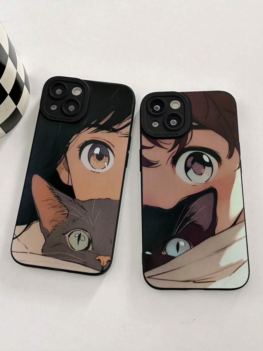 1 paio di Cover per telefono in stile coppia con stampa di un abbraccio di gatto nero opaco e motivo ad occhio, compatibile con iPhone - Multicolore - Visualizzare 1