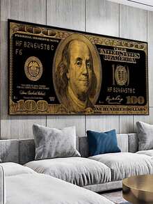 1張金色美元錢幣靈感海報,畫布油畫,美國$100美元錢幣畫布壁畫,大尺寸印花海報畫,豪華藝術品牆畫,適用於浴室臥室辦公室客廳家居墻壁裝飾,無框架