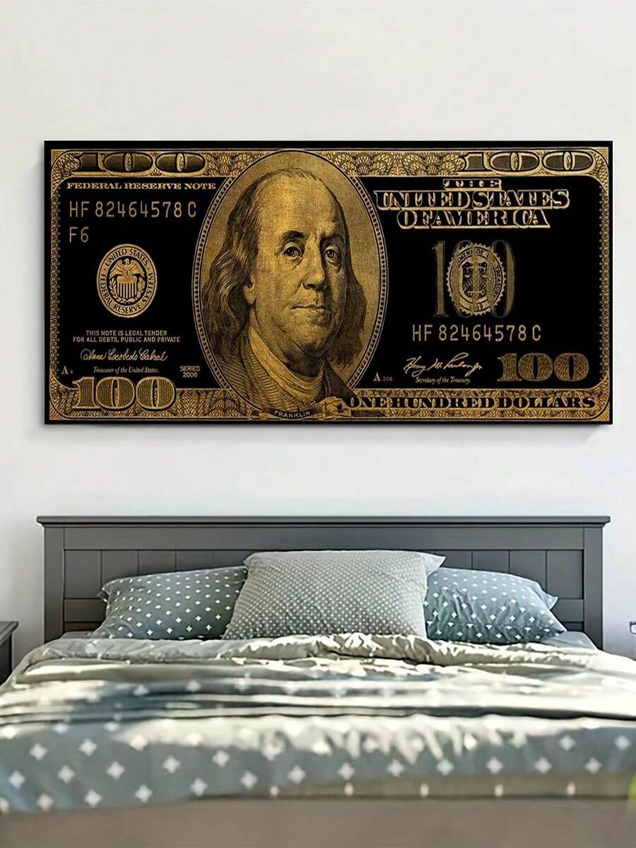 1張金色美元錢幣靈感海報,畫布油畫,美國$100美元錢幣畫布壁畫,大尺寸印花海報畫,豪華藝術品牆畫,適用於浴室臥室辦公室客廳家居墻壁裝飾,無框架