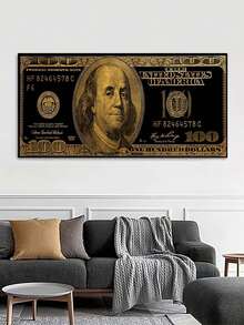 1張金色美元錢幣靈感海報,畫布油畫,美國$100美元錢幣畫布壁畫,大尺寸印花海報畫,豪華藝術品牆畫,適用於浴室臥室辦公室客廳家居墻壁裝飾,無框架