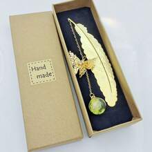 Metal Feather Bookmark With Dried Flowers, Butterflies And Leaves, Creative Reading Bookmark With Yellow Rhinestone - Yellow - View 1