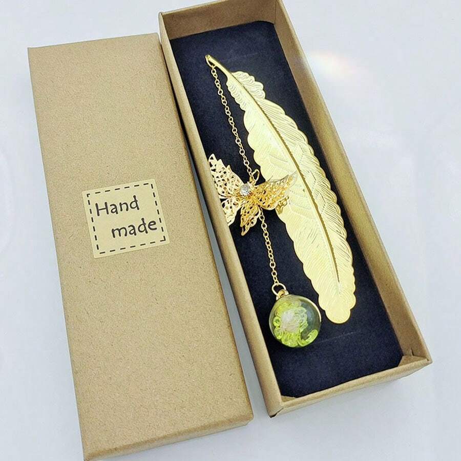 Metal Feather Bookmark With Dried Flowers, Butterflies And Leaves, Creative Reading Bookmark With Yellow Rhinestone - Yellow - View 1