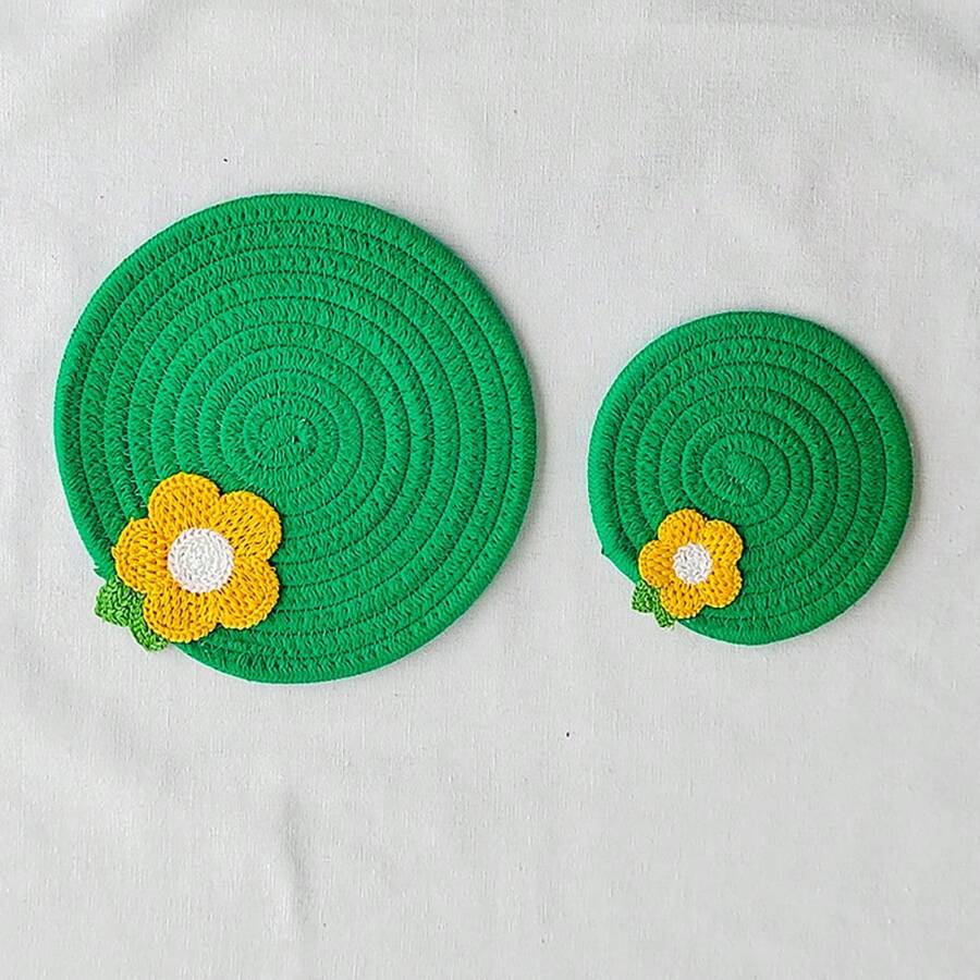 1 件綠色手工杯墊,可愛花朵設計,簡單耐熱廚房餐桌餐墊,家居裝飾,咖啡/茶杯防滑杯墊 - 綠色 - 查看 1