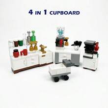 Creative Diy Building Blocks With Small Particles, 4-In-1 Cabinet Set, Coffee And Water Dispenser, Mini Cart, Food Cabinet, Desktop Ornament, Kids' Puzzle Scene Assembly Block Toy Set, Christmas Gift - Multicolor - View 1