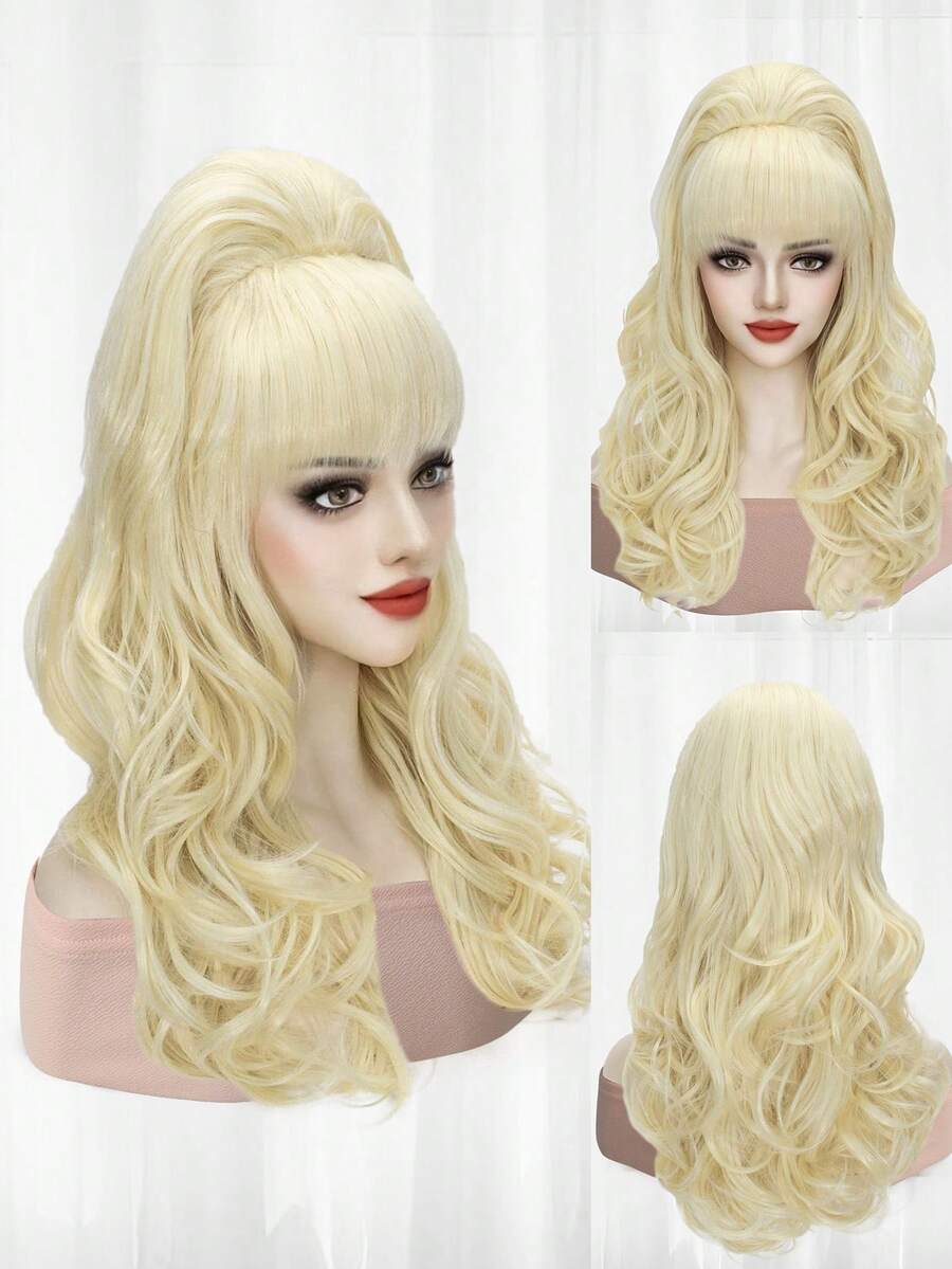 长而蓬松的金色复古大蓬松蜂窝假发，带刘海，50 年代 80 年代复古服装经典假发，长卷发维多利亚时代女性机器人搞笑变装假发，学校假期万圣节感恩节圣诞节派对角色扮演假发 - 合成高密度高温纤维头发，便宜时尚百搭假发，非常适合女性和 1 件假发帽 - 金色 - 查看 1