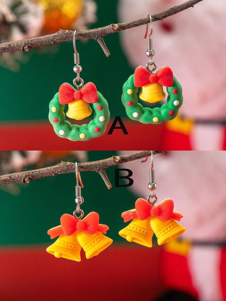1 对可爱树脂铃铛形耳环，适合女性圣诞节和新年礼物