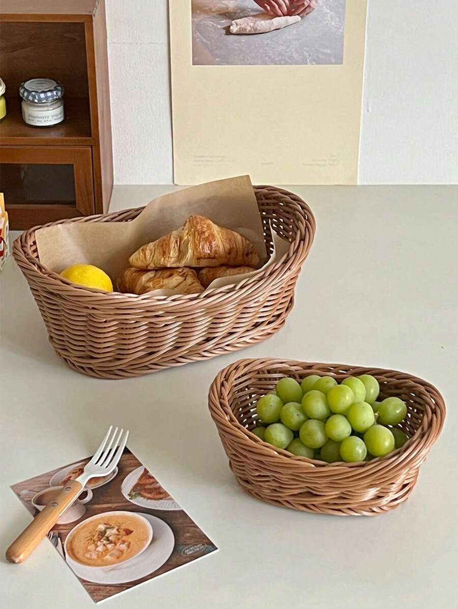 1pc Plastic Weaving Rattan Storage Basket, Country Style Fruit Basket