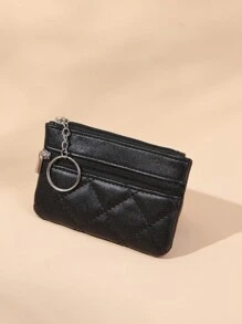 Ví nữ ngắn có khóa kéo đôi bằng da Pu mỏng có đường khâu hình kim cương Ví đựng chìa khóa tiền xu mini Phụ kiện móc khóa đựng thẻ tín dụng Ví nhỏ thanh lịch cho nữ Ví ví nhỏ - màu đen - Xem 3