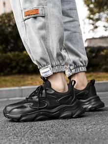 男士新款時尚休閒鞋，輕便透氣戶外日常運動厚底增高厚實鞋款 - 黑色 - 查看 8