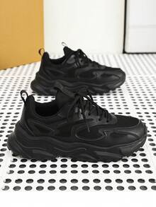 男士新款時尚休閒鞋，輕便透氣戶外日常運動厚底增高厚實鞋款 - 黑色 - 查看 3