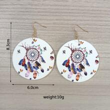 1對圓形雙面印花動物卡通圖案木質耳環,時尚休閒個性化耳飾 - 白色 - 查看 8