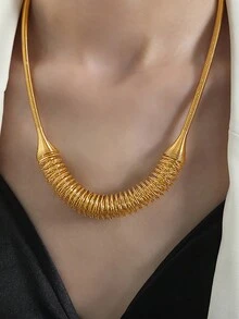 1pc European And American Exaggerated Spring Design Geometric Shape Necklace, Golden Stainless Steel Link Collar - P1778 - View 2