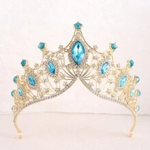 1 件時尚低價湖藍色欖尖形水鑽合金皇冠適合兒童、女士、婚禮、生日、節慶派對