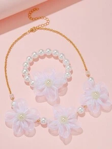 1 件兒童項鍊和 1 件手鍊套裝,粉紅色雪紡花和珍珠串珠手工珠寶公主風格 - 白色 - 查看 2