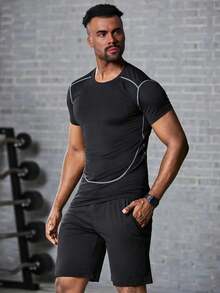 男士拼接運動T恤，男士緊身上衣 - 黑色 - 查看 4