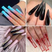 240入組透明亮面方形指甲貼片,不同造型長款尖形亮面膠指甲貼片,半覆蓋式假指甲,適用於沙龍和diy法式abs指甲貼片 - 無色 - 查看 5